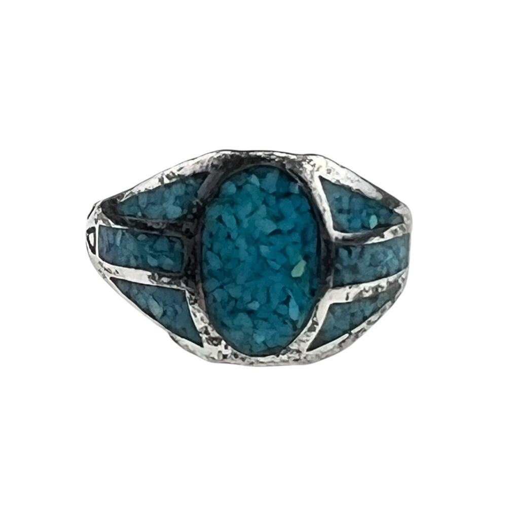Vintage Blue Crushed Stone Southwest Style Sterling Silver Ring Size 10.75